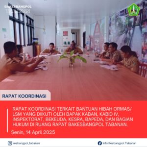Kegiatan Badan Kesbangpol Kabupaten Tabanan. Senin, 14 April 2025. Rapat Koordinasi terkait Bant