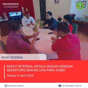 Kegiatan Badan Kesbangpol Tabanan. Selasa, 8 April 2025. Rapat kordinasi dipimpin langsung dari